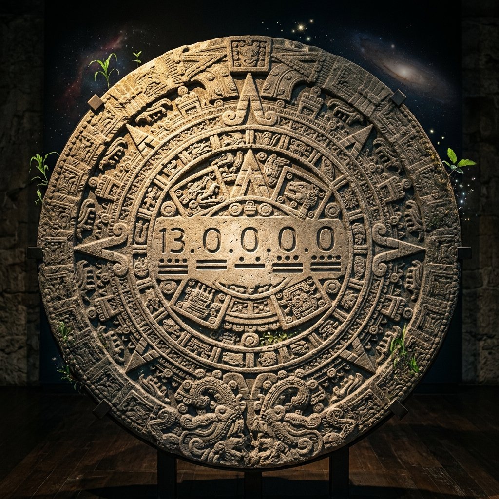 An ancient Maya Long Count calendar stone carving showing the date 13.0.0.0.0