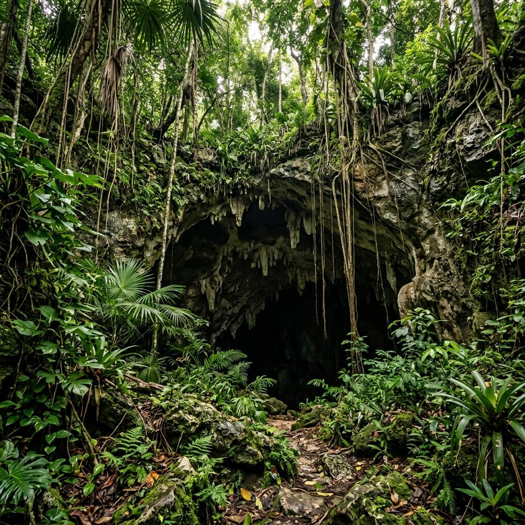 The entrance to a natural limestone cave in the Yucatan jungle, half-hidden by dense tropical vegetation and hanging roots, with stalactites visible inside and dappled sunlight filtering through the canopy