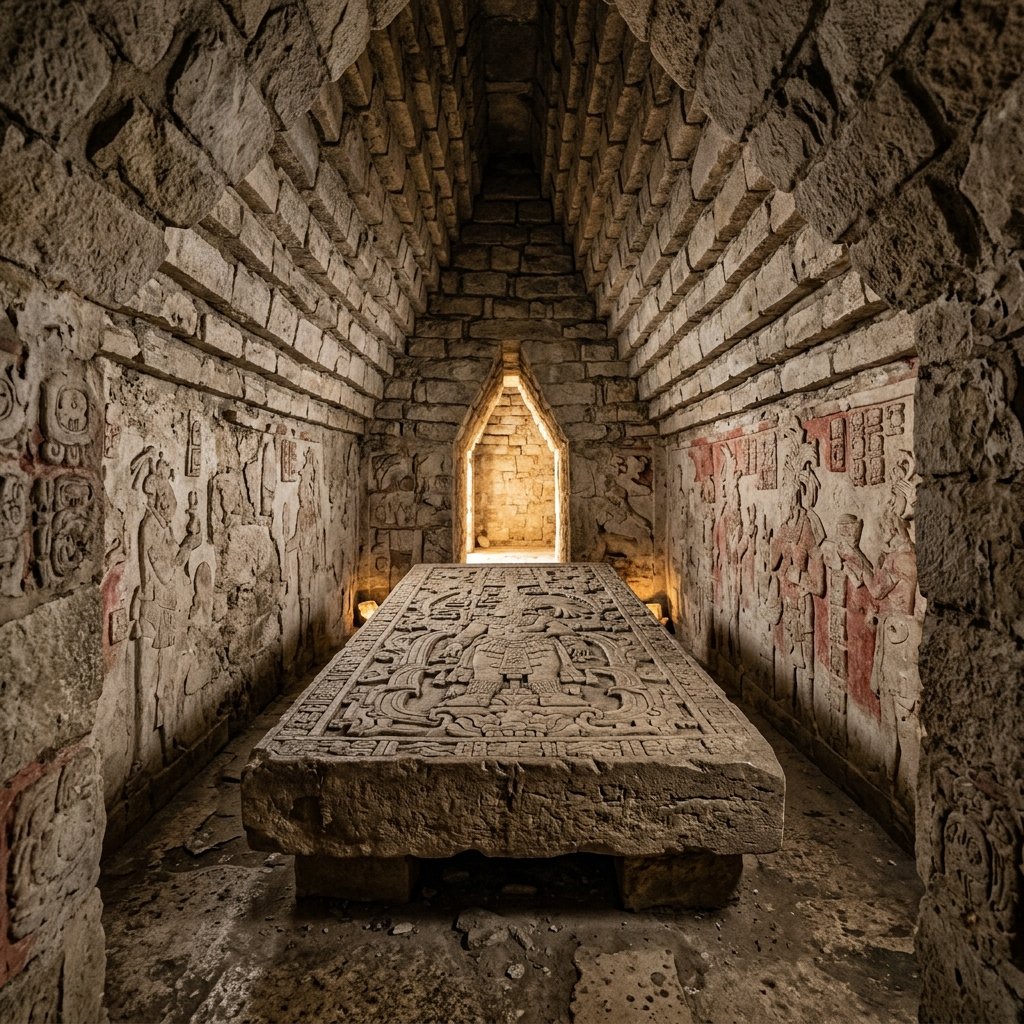 The interior of a royal Maya tomb chamber showing a stone sarcophagus in a vaulted chamber deep within a pyramid, with stucco relief figures on the walls and a corbeled vault ceiling