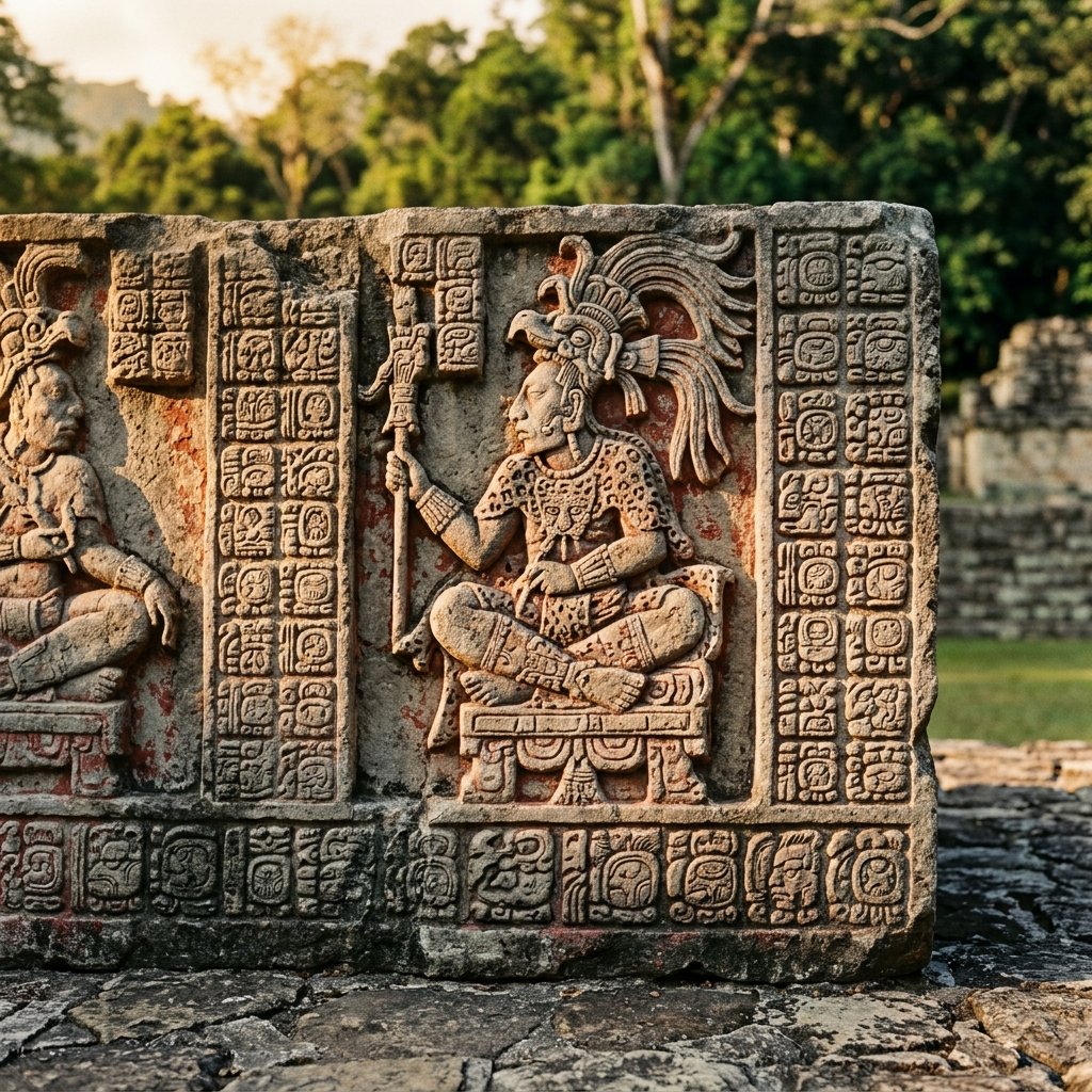 Close-up of a carved Maya limestone altar with hieroglyphic inscriptions and seated rulers — archaeological site photography
