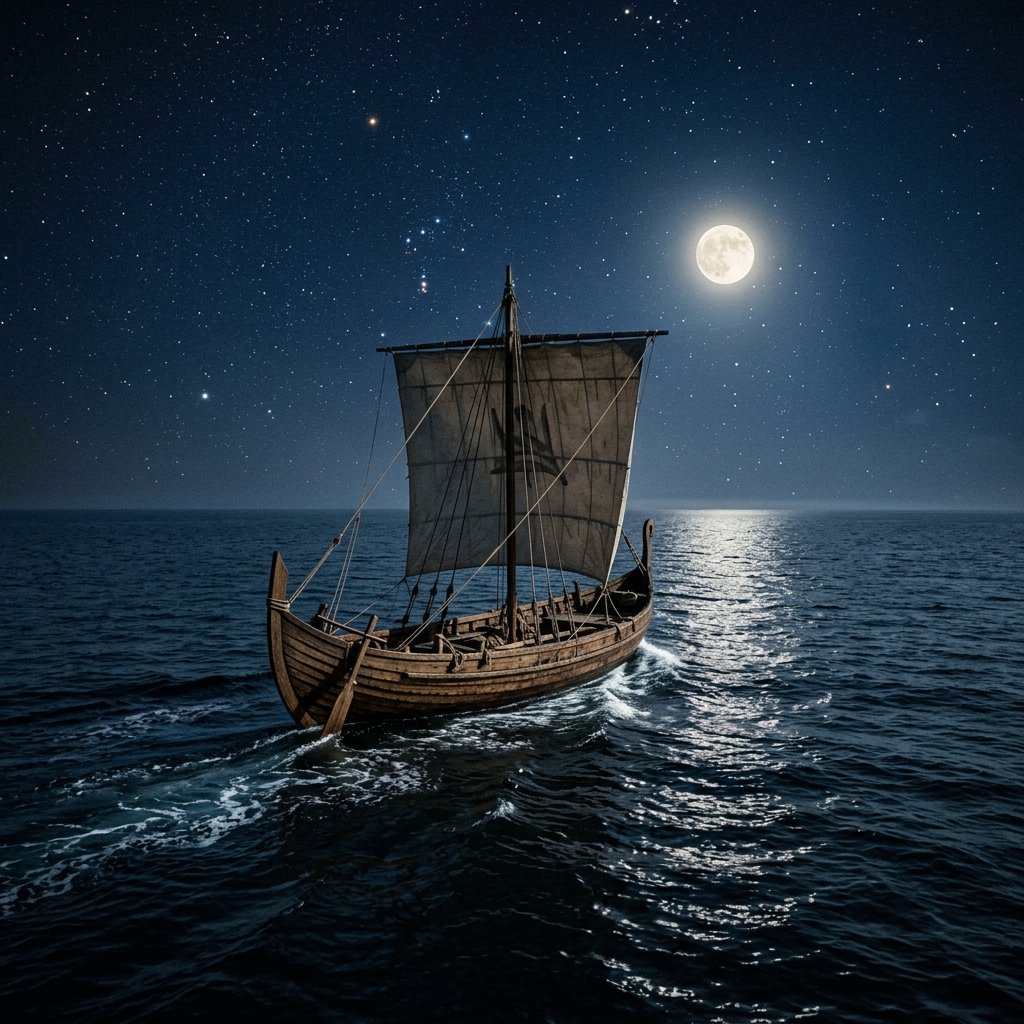 An ancient wooden sailing vessel crossing a vast moonlit ocean at night — conveying the audacity of proposed Near Eastern transoceanic voyages