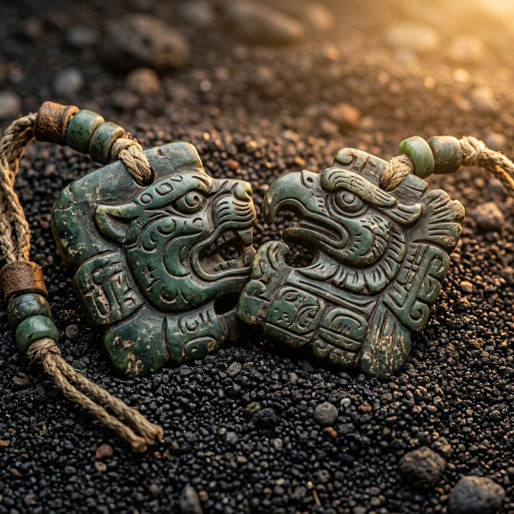 Two interlocking carved jade Maya pendants depicting different day sign glyphs