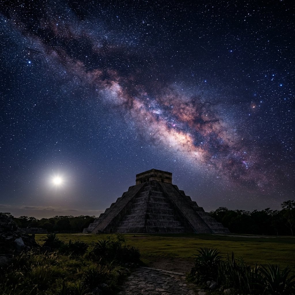 A Maya temple pyramid silhouetted against a star-filled Milky Way night sky, with Venus blazing as the brightest point near the horizon