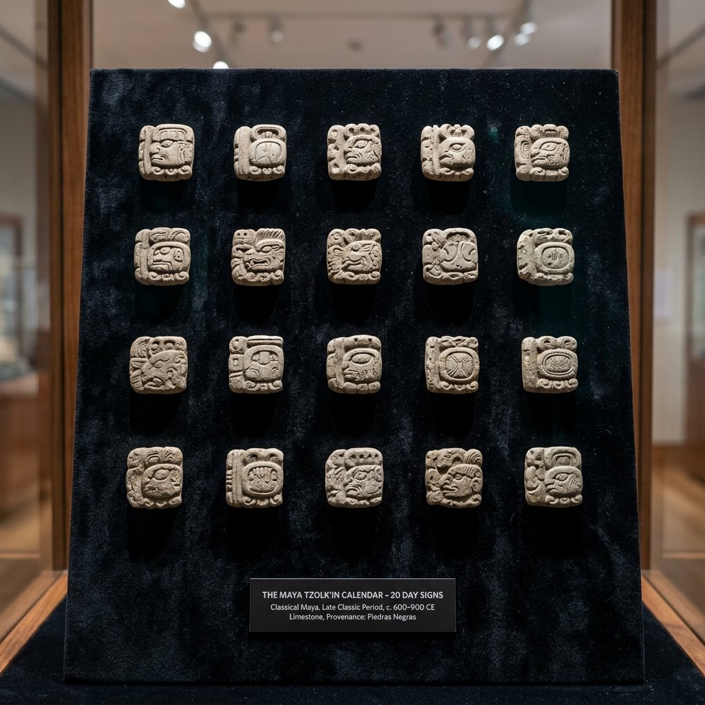 Museum display of twenty carved Maya Tzolk'in day sign glyphs