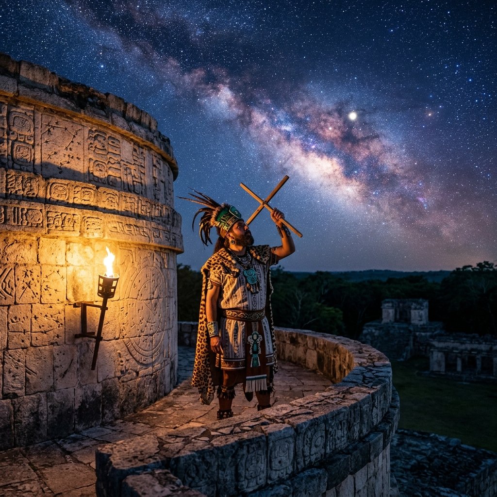 A Maya astronomer gazing at stars and Venus from atop a circular observatory tower