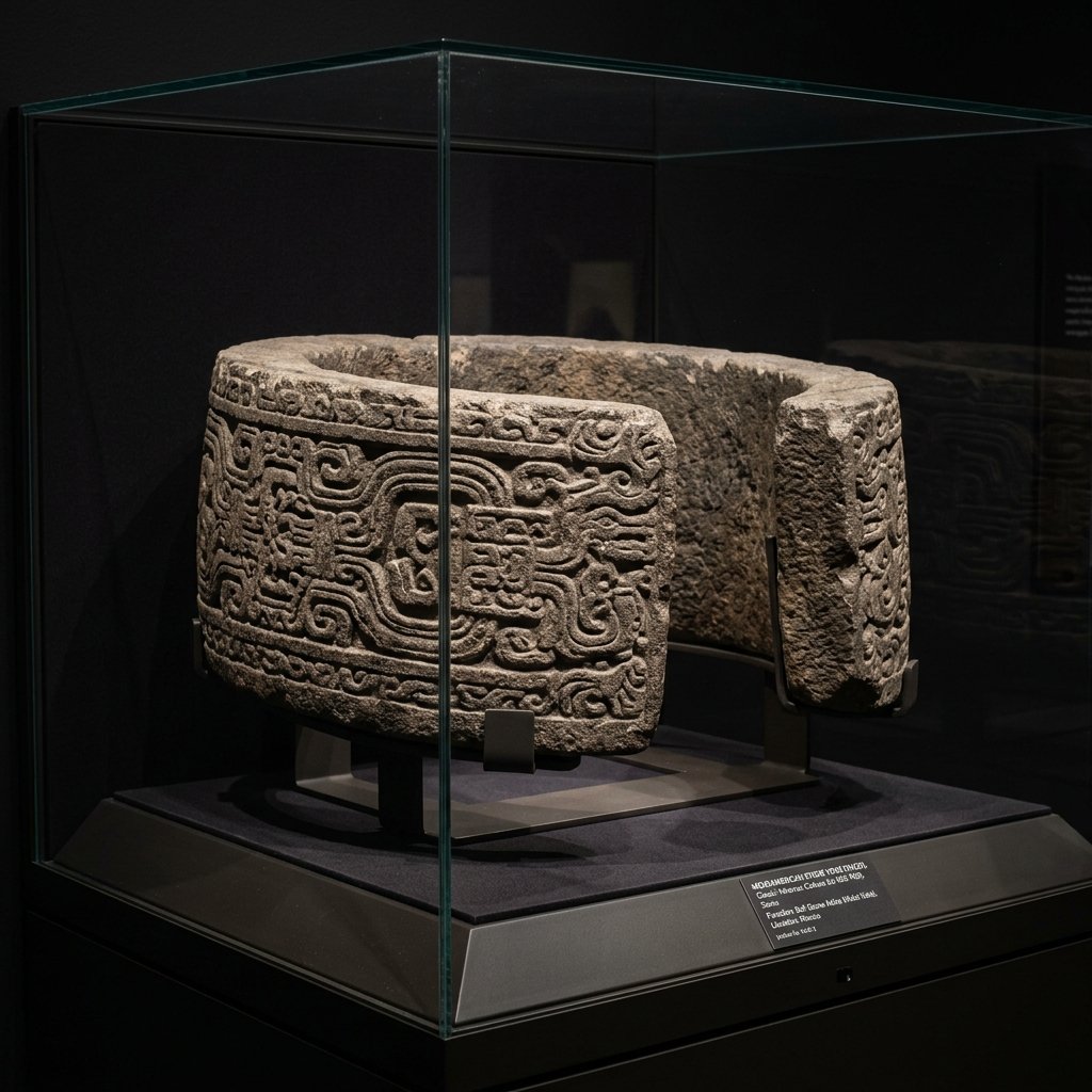 An ancient Mesoamerican stone yoke (yugos) displayed in a museum case — a U-shaped carved stone object weighing approximately 20-30 kg, decorated with scrollwork and geometric patterns