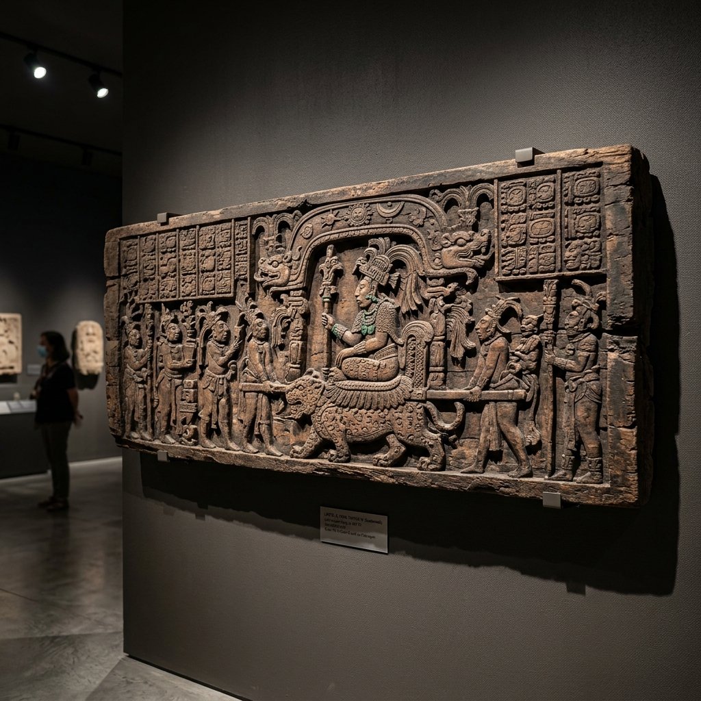 Ancient Maya carved wooden lintel from Tikal Temple IV