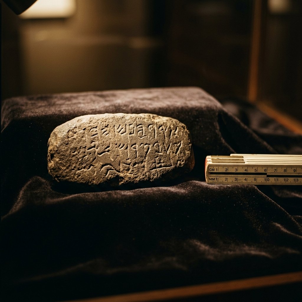Small inscribed stone displayed on dark velvet under museum lighting with measurement ruler — similar to disputed artifacts found bearing purported Hebrew inscriptions in Native American burial mounds
