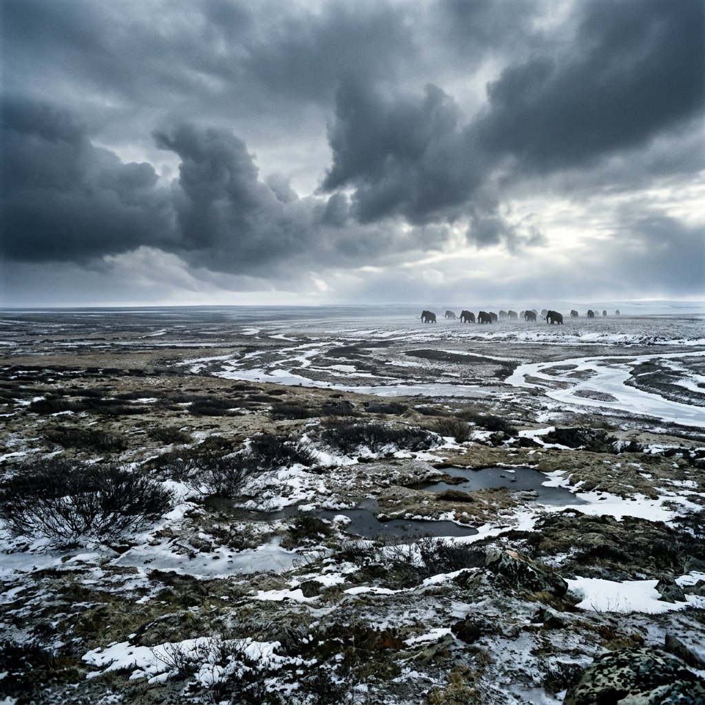Vast arctic tundra landscape stretching to a frozen horizon — representing Beringia, the land bridge that connected Siberia to Alaska during the Ice Age