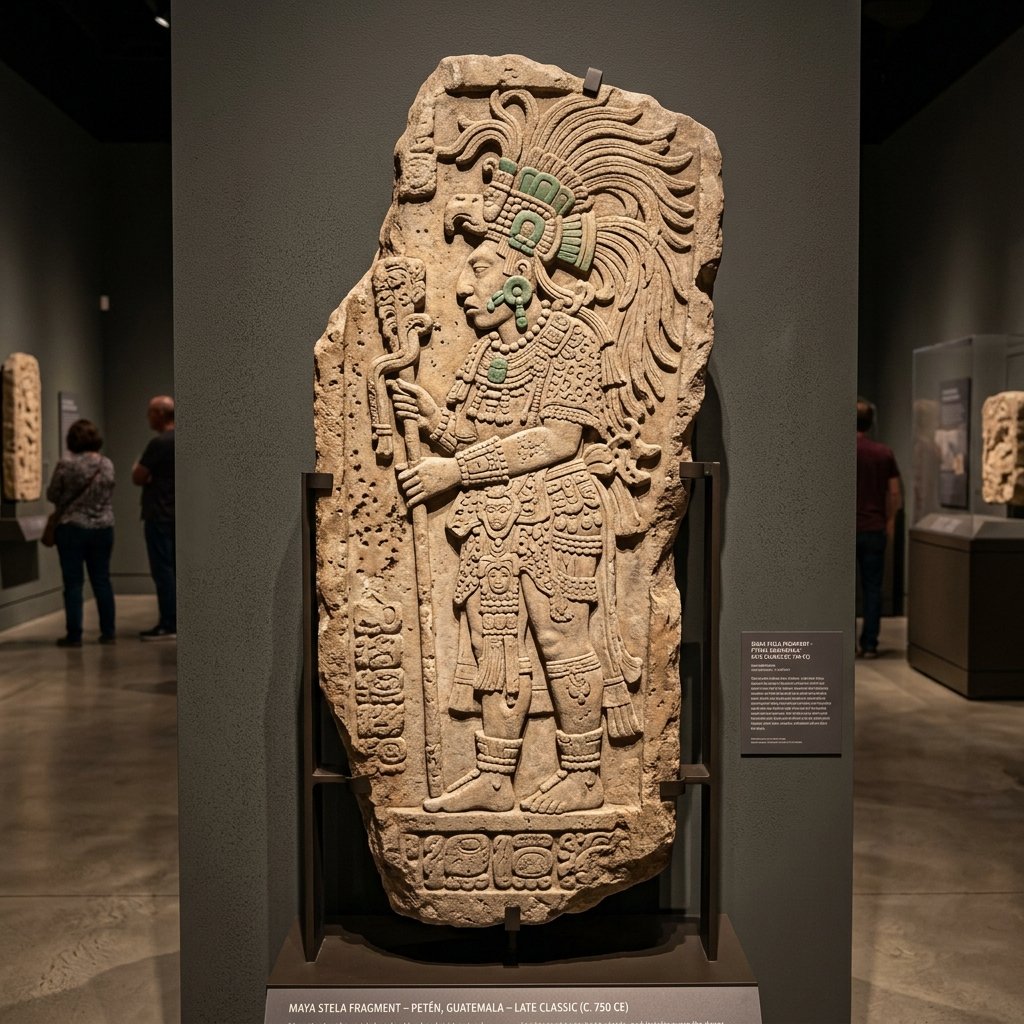 Maya carved stone stela fragment showing a king with feathered headdress