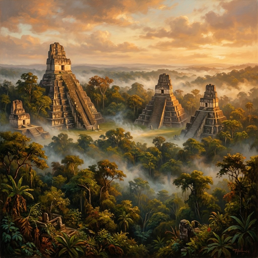 Panoramic vista of Maya temple pyramids rising above the jungle canopy in golden hour light — romantic expedition painting