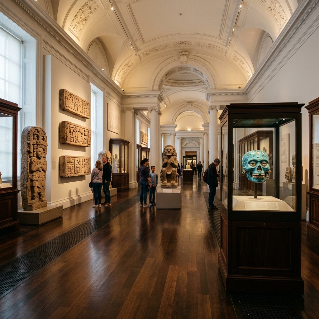 Interior of the British Museum's Mexico Gallery (Room 27) displaying ancient Mesoamerican stone sculptures, carved lintels, and turquoise mosaics