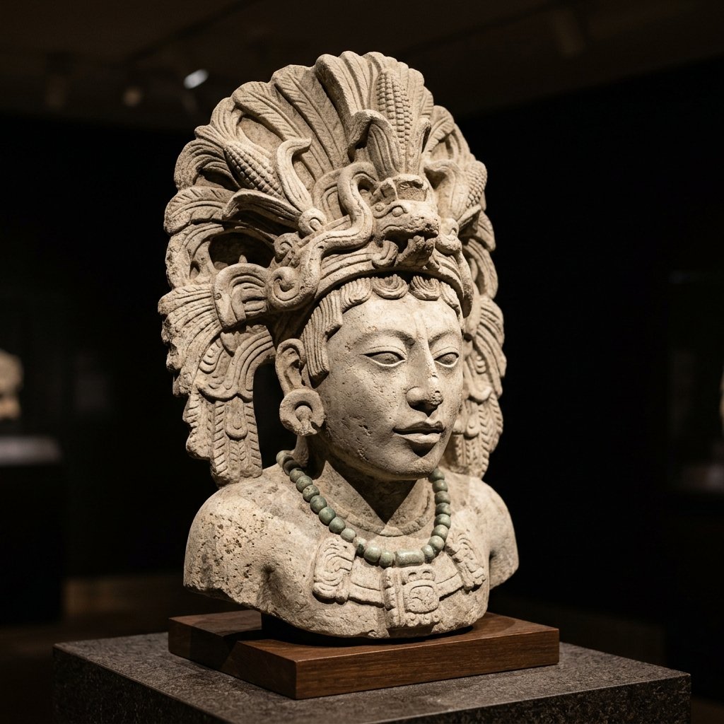 Carved limestone bust of the Young Maize God from Copán — idealized face with almond eyes, full lips, and corn-leaf headdress