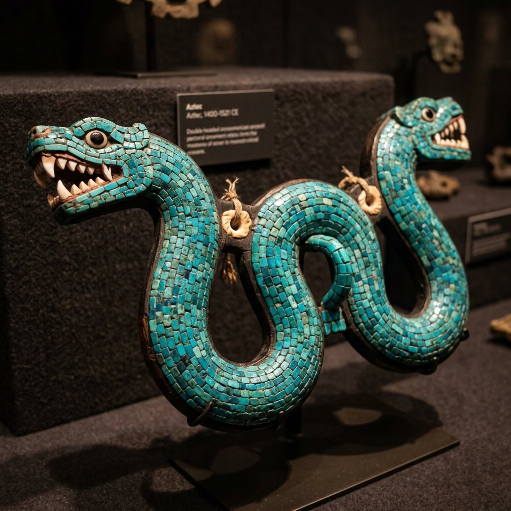 Turquoise mosaic double-headed serpent pectoral — S-shaped serpent covered with turquoise tiles, shell teeth, displayed in the British Museum