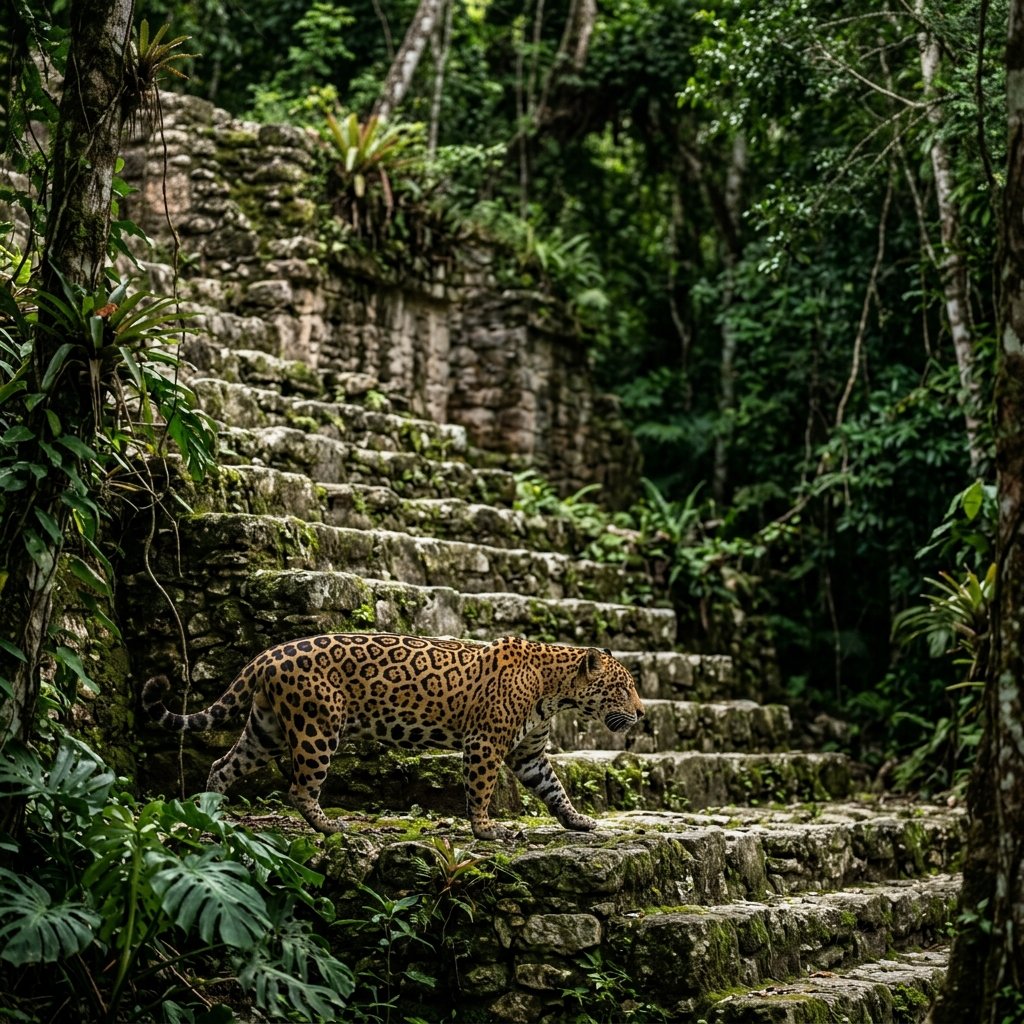 A wild jaguar walking near weathered ancient Maya stone steps in the Calakmul Biosphere Reserve
