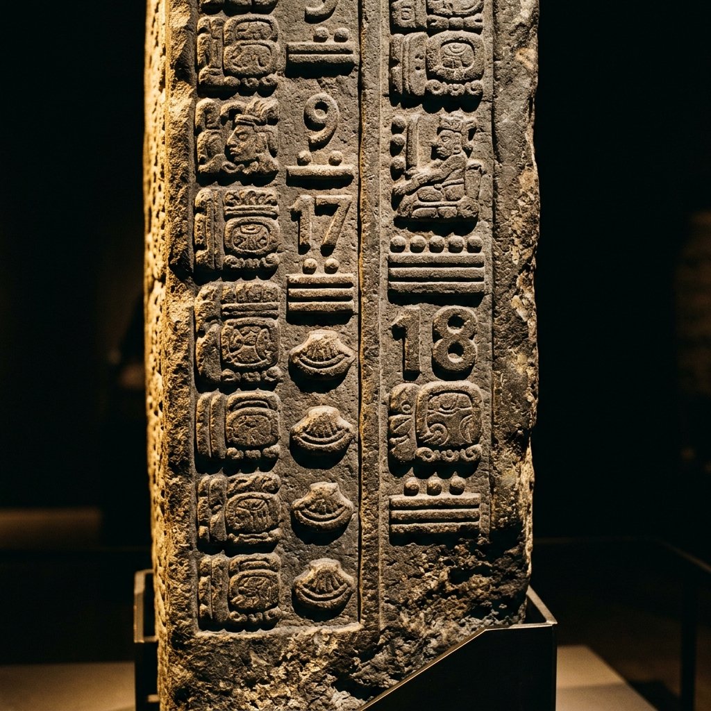Ancient Maya stone stela showing Long Count calendar inscription with vertical columns of bar-and-dot numerals