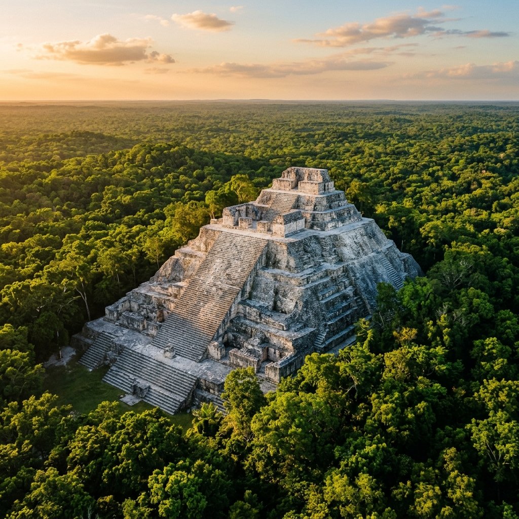 Massive stone terraces rising above the jungle canopy