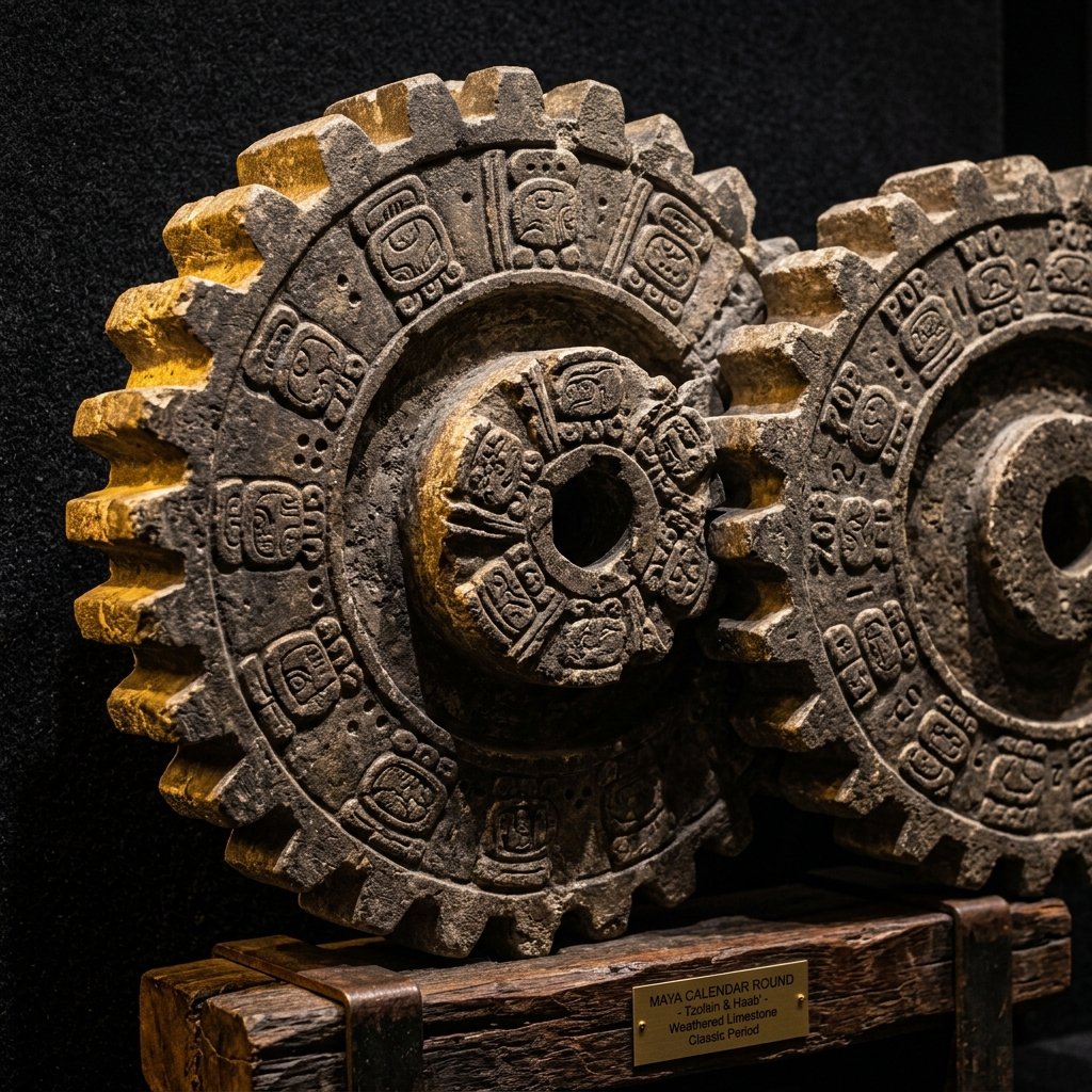 Two ancient Maya interlocking stone calendar wheels forming the Calendar Round, with meshing day sign glyphs