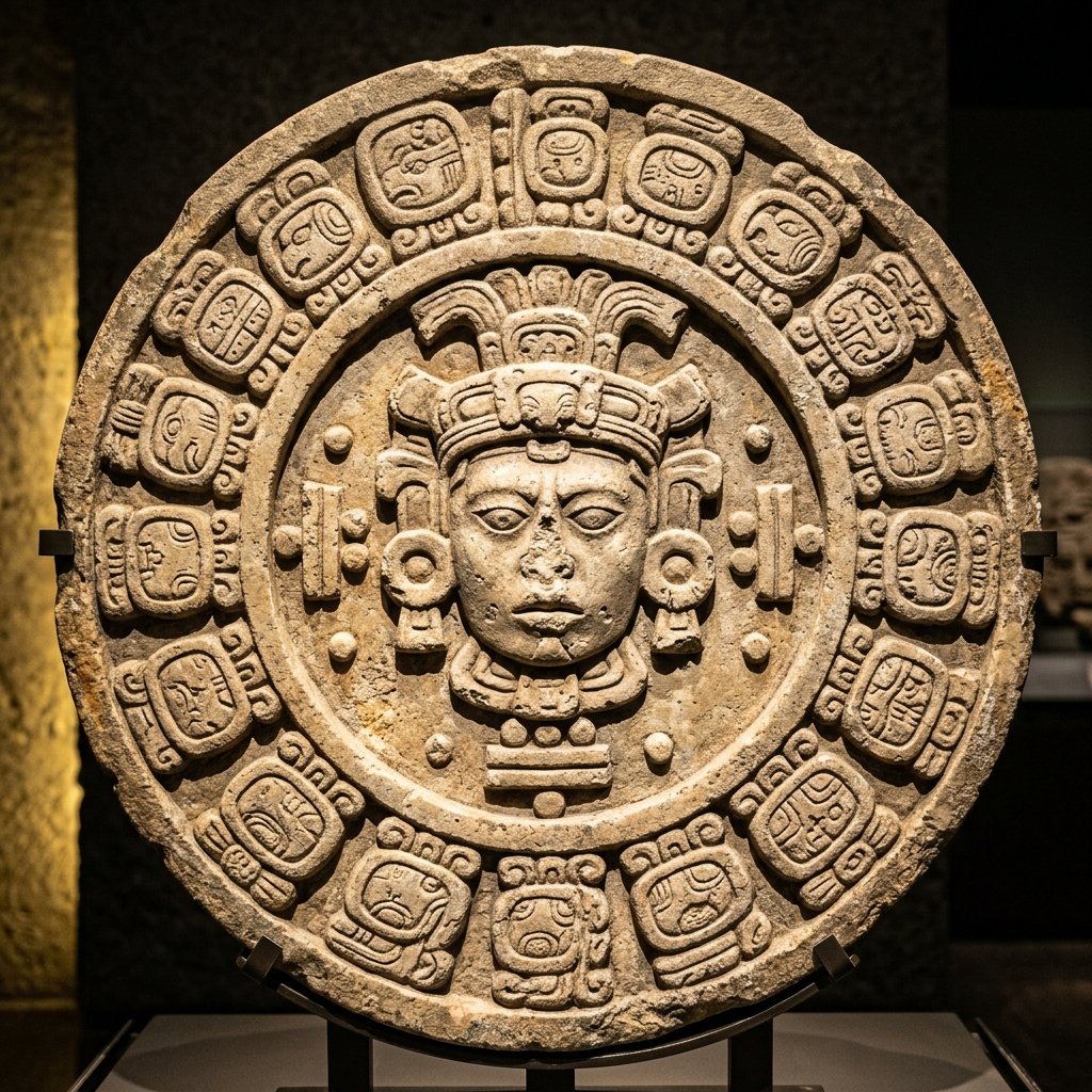 Ancient Maya carved stone Tzolk'in calendar disc showing 20 interlocking day sign hieroglyphs arranged in a circle around a central face, carved in deep limestone relief