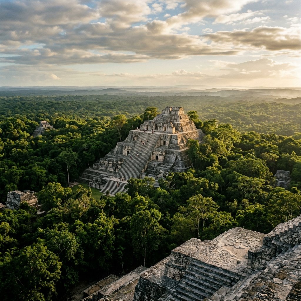 The massive pyramid at Calakmul rising above the endless jungle canopy