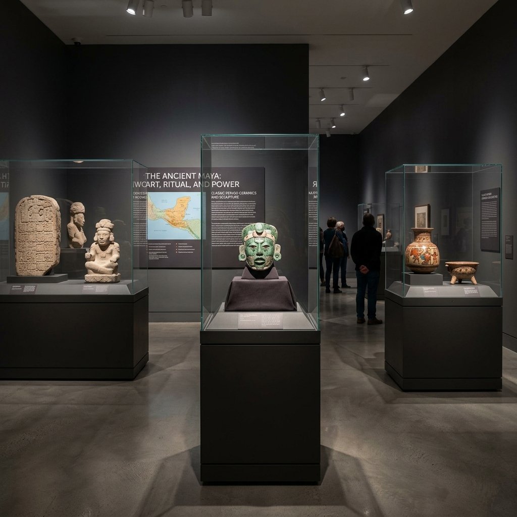 Museum exhibition of Maya artifacts with dramatic lighting and display cases