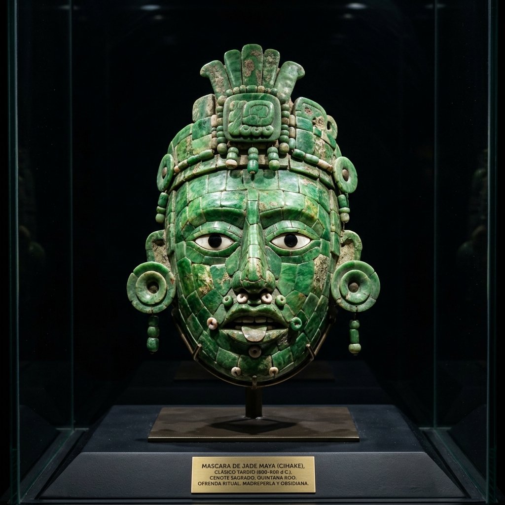 Maya jade mask recovered from an underwater cenote in Quintana Roo