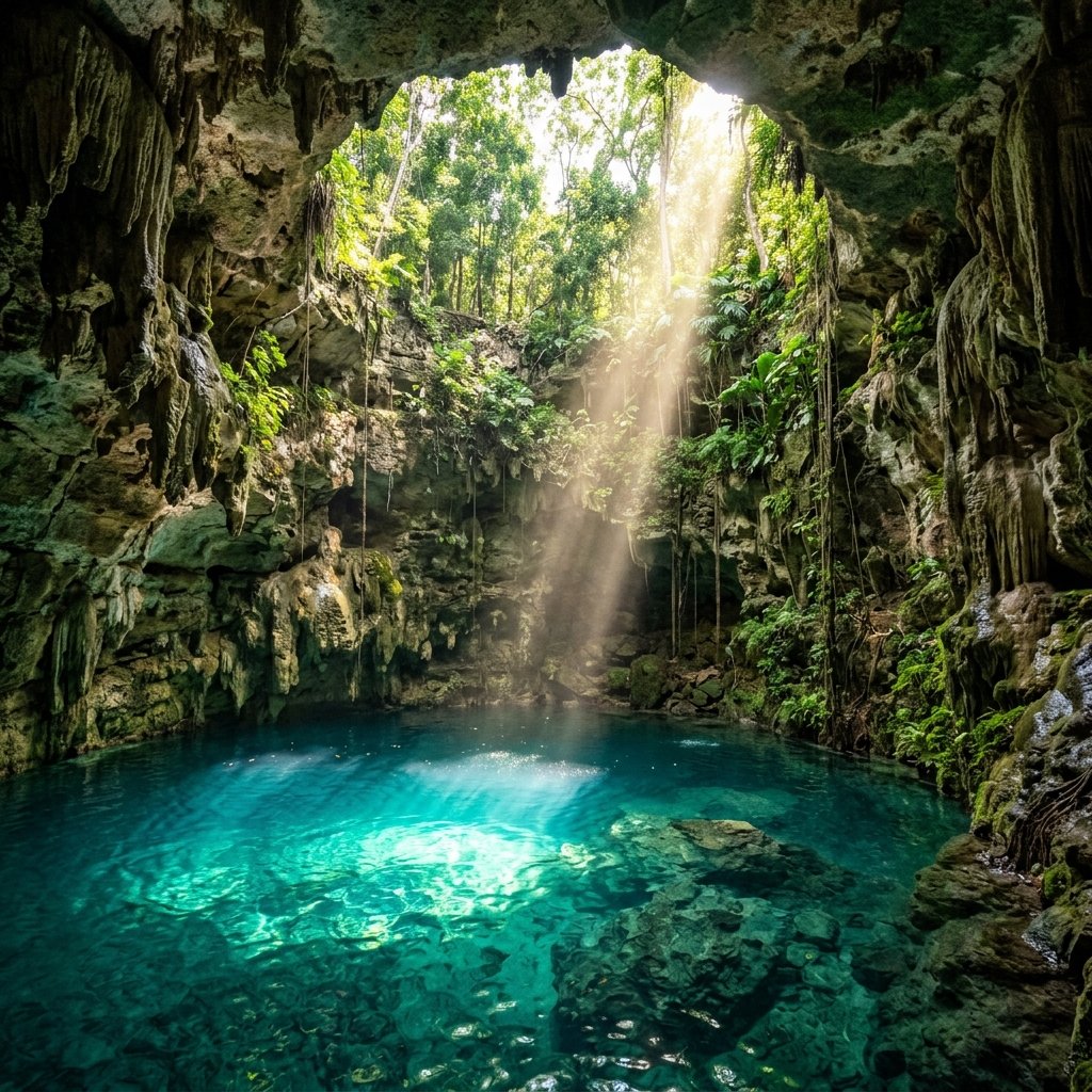 Inside a large open cenote — shaft of golden sunlight pierces through the circular limestone opening above into crystal-clear turquoise water below, with tropical vines hanging from the rim