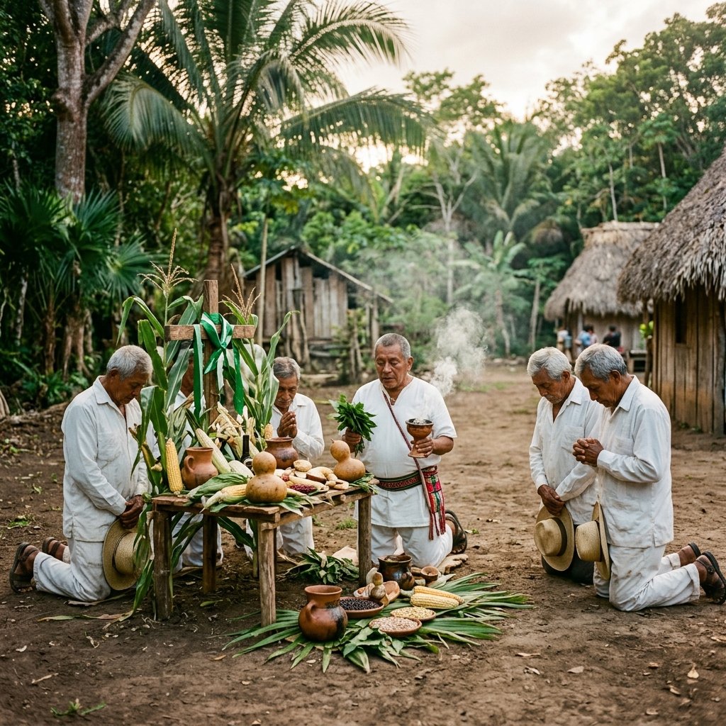 A traditional Maya Ch'a Chaak rain ceremony in a rural Yucatan village clearing, with offerings of maize and copal incense smoke rising from a wooden altar, surrounded by Maya farmers in traditional white garments