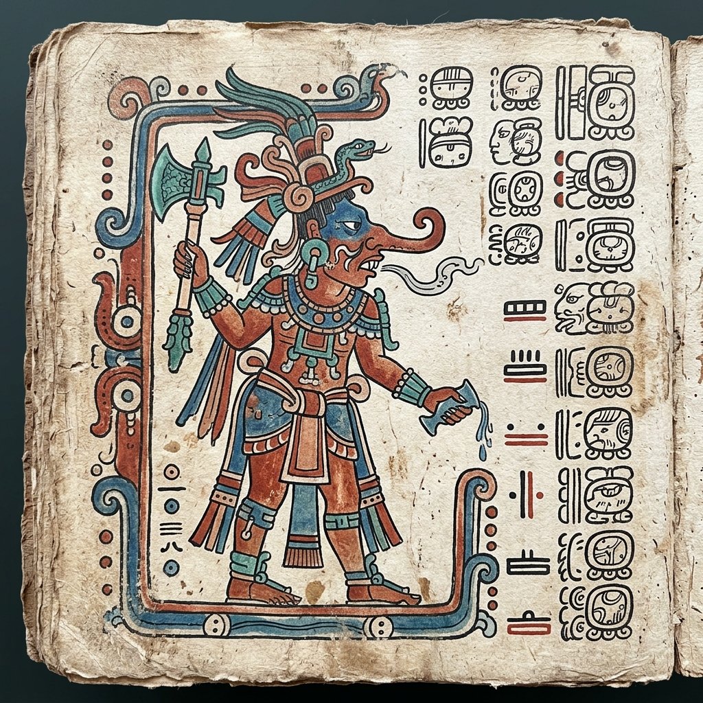 Chaac (God B) as depicted in a Maya codex, shown in the traditional flat-profile artistic style with his characteristic long curling nose, serpent features, and jade axe, painted in red ochre, Maya blue, and black on bark paper