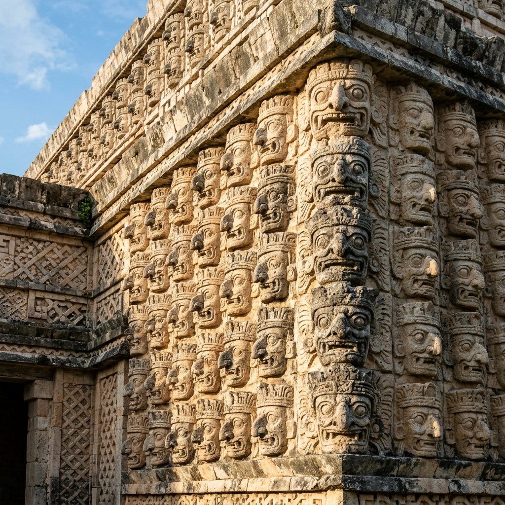 Dozens of carved stone Chaac rain god masks stacked in repeating rows on the ornate Puuc-style mosaic facade of a Maya temple at Uxmal, lit by warm afternoon sunlight
