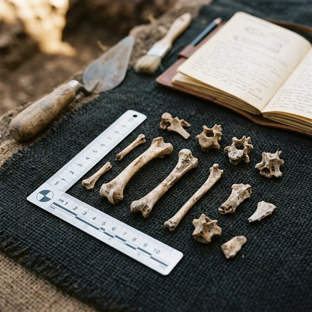 Carefully excavated ancient chicken bones laid out on archaeological fabric with measurement tools — from El Arenal, Chile
