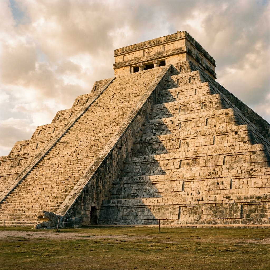 The equinox light serpent descending El Castillo's northern staircase — seven triangles of shadow connect with the carved serpent head at the base