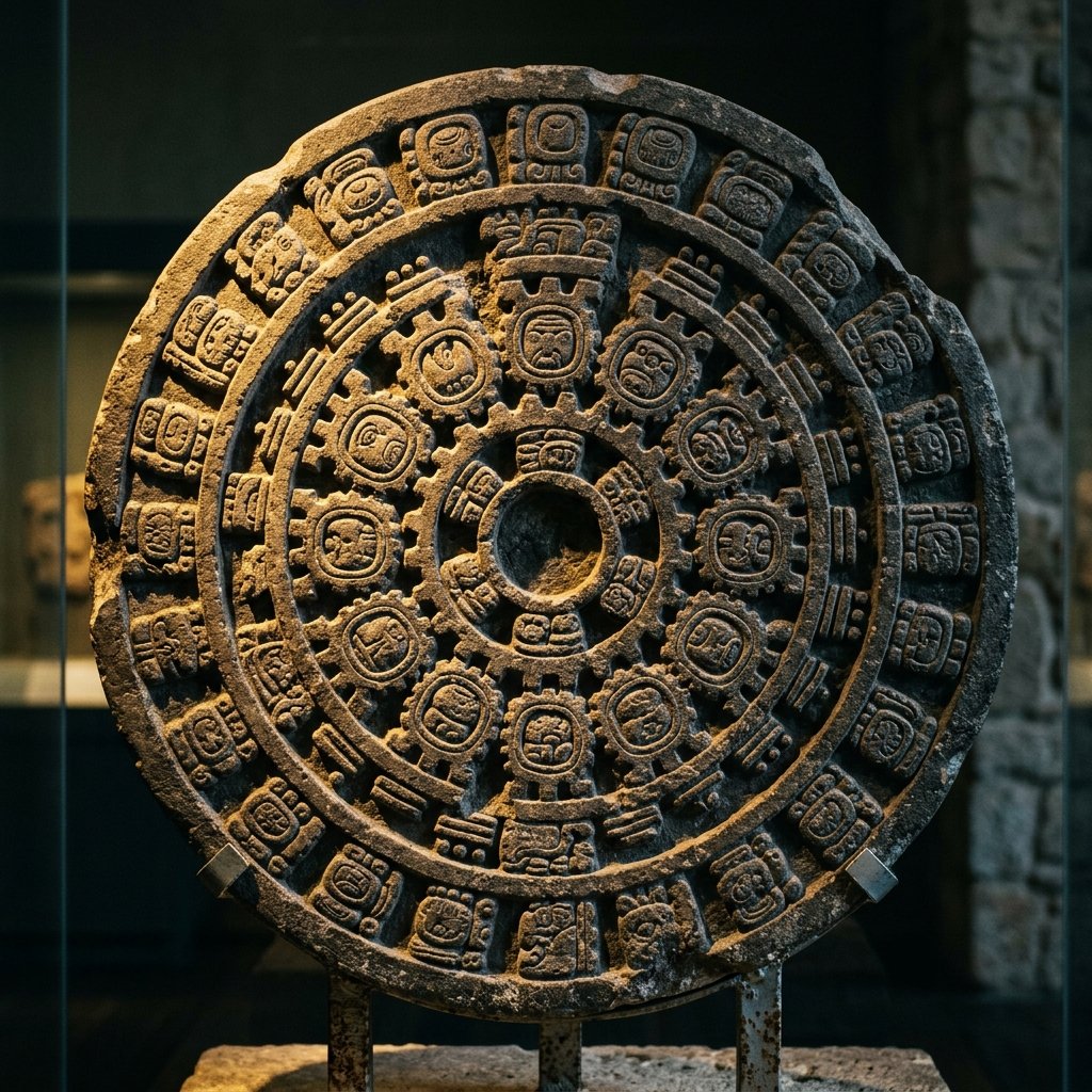 Ancient Maya carved stone calendar wheel with interlocking day sign glyphs