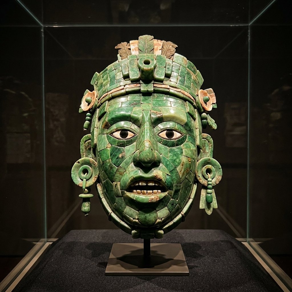 A stunning ancient Maya jade mosaic funerary mask constructed from precisely fitted pieces of polished green jade with shell and obsidian inlaid eyes, displayed in a museum case