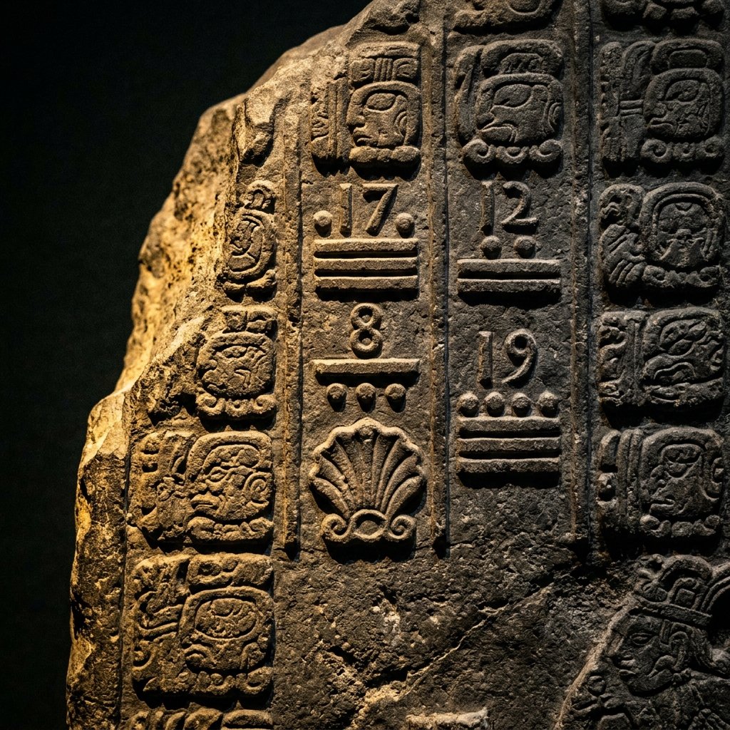 Ancient Maya stone carving showing bar-and-dot numerals and the shell symbol for zero