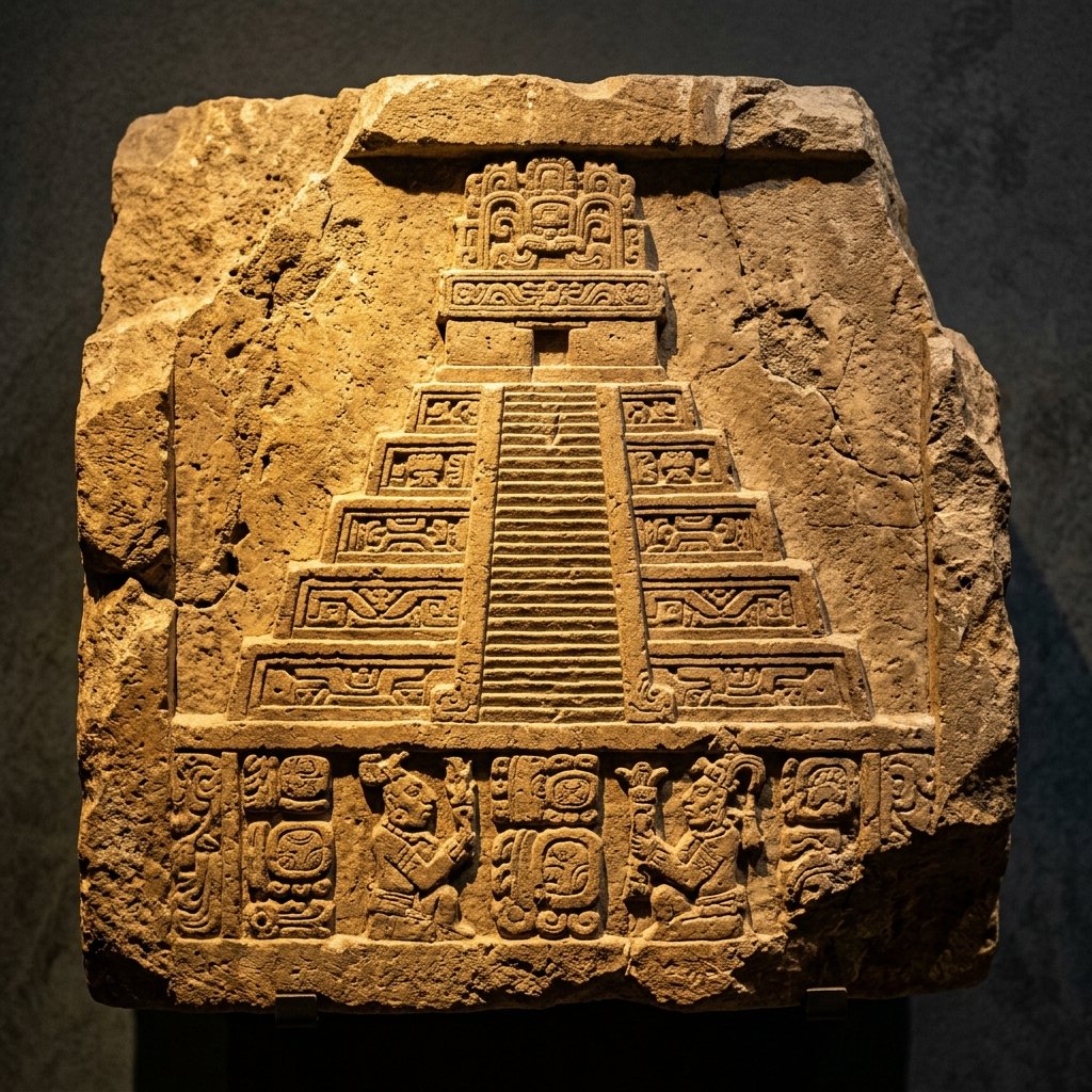 Ancient Maya carved limestone architectural element showing a stepped pyramid temple in bas-relief