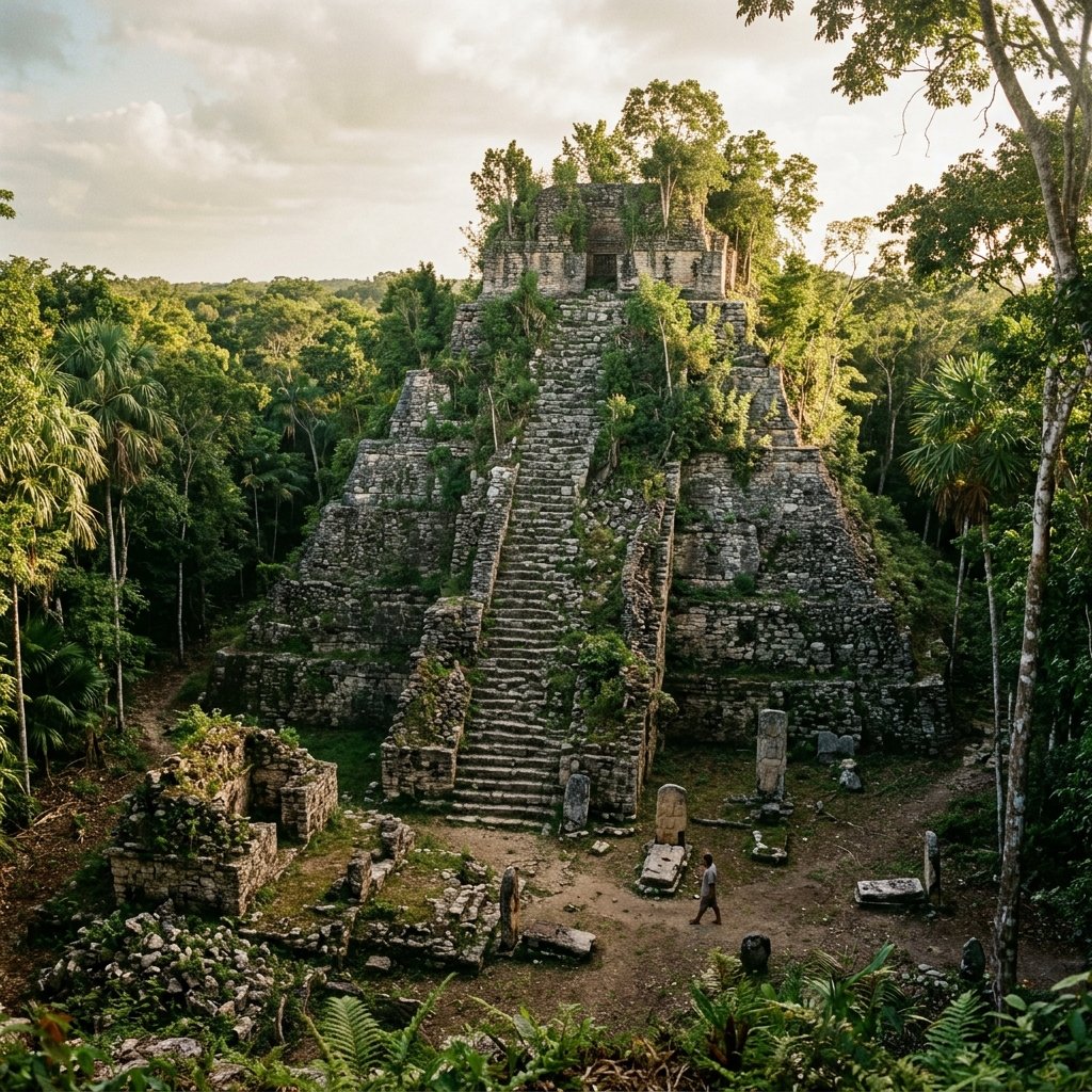 The La Iglesia pyramid at Cobá rising steeply above the jungle canopy