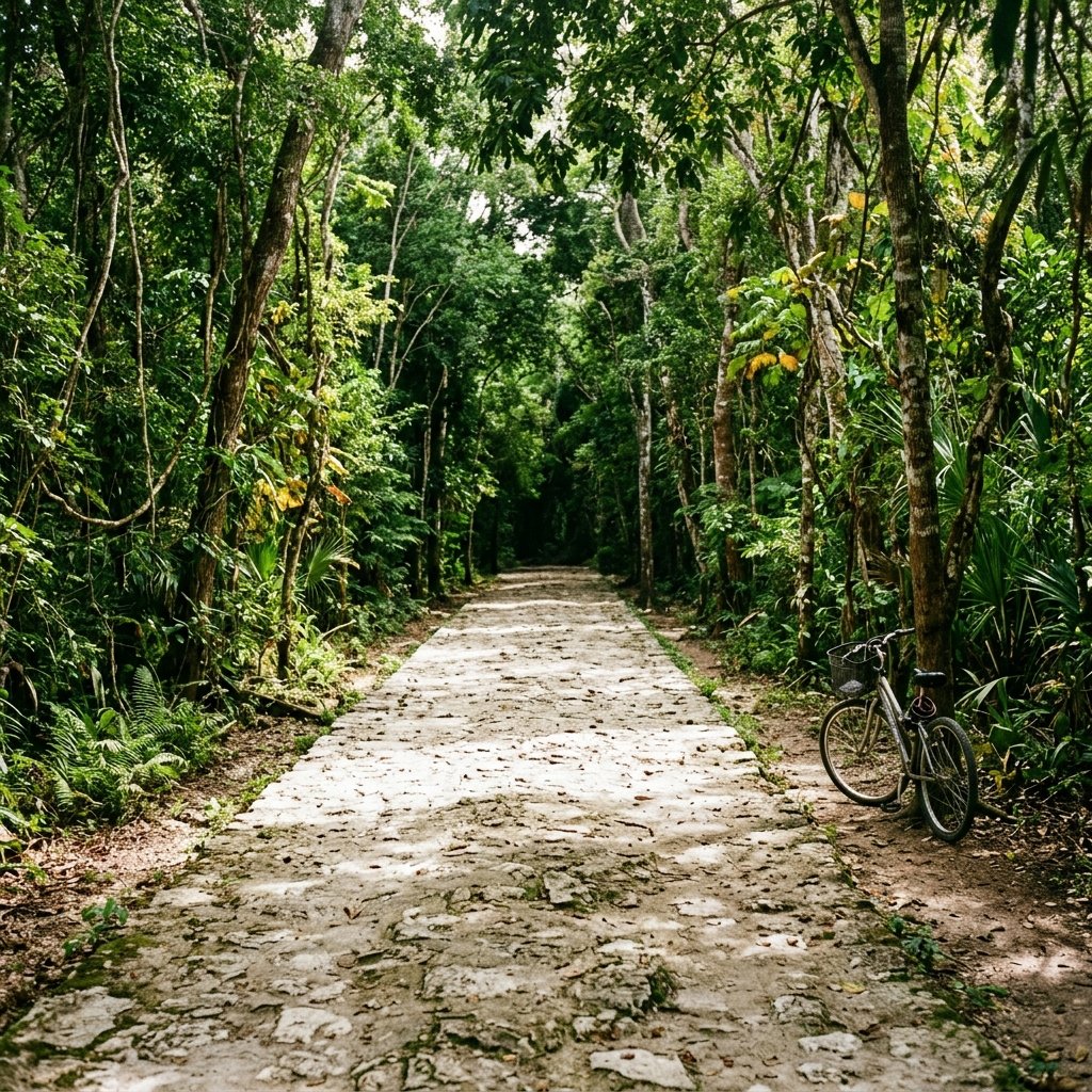 An ancient sacbé — a raised white limestone road — cutting through dense jungle at Cobá, stretching toward the horizon