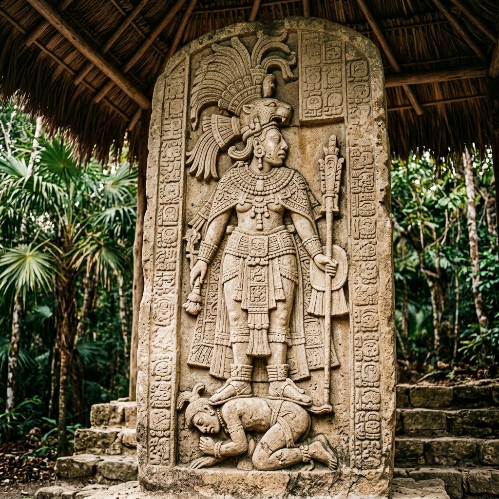 Ancient carved stelae at Cobá depicting a female ruler in ceremonial regalia