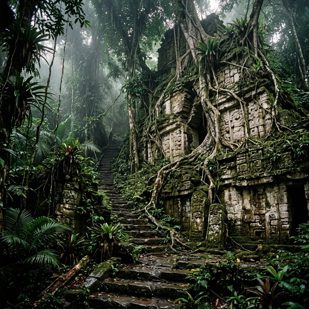An abandoned Maya temple being consumed by jungle — massive tree roots splitting ancient limestone masonry as nature reclaims the city