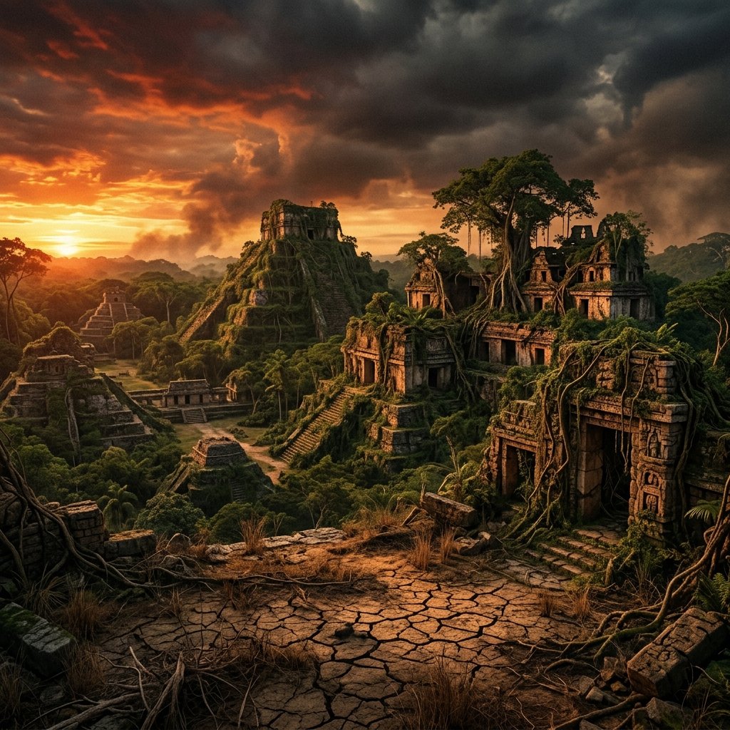 An abandoned Maya city being reclaimed by jungle, with overgrown pyramids and cracked earth