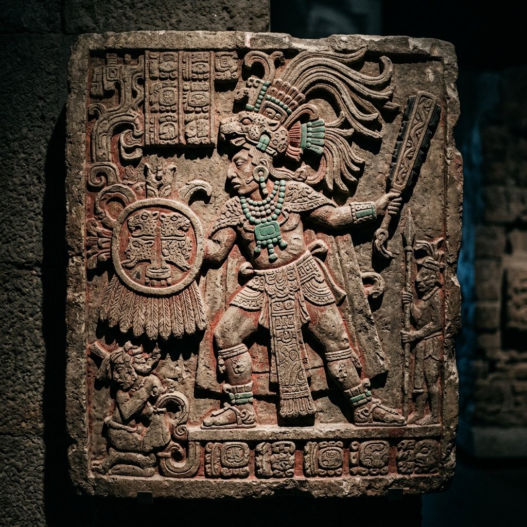Ancient Maya carved stone lintel depicting a warrior in regalia — evidence of the endemic warfare that destabilized the Classic Period