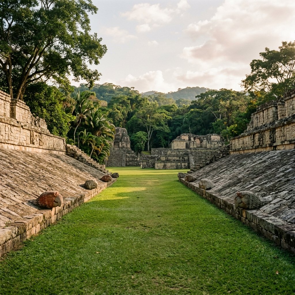 The ball court at Copán with its carved macaw-head markers — one of the most artistically refined courts in the Maya world