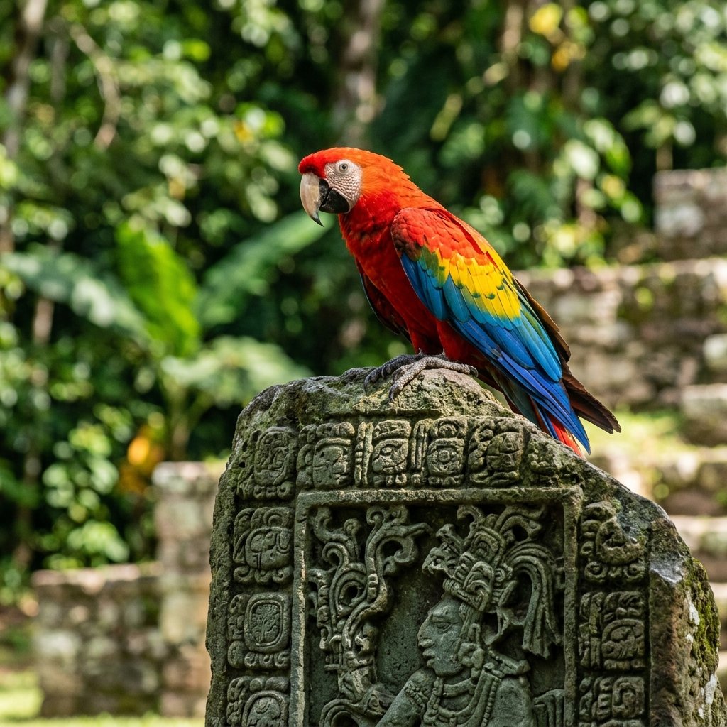 A scarlet macaw perched on ancient carved Maya stone at Copán — the living emblem of the city