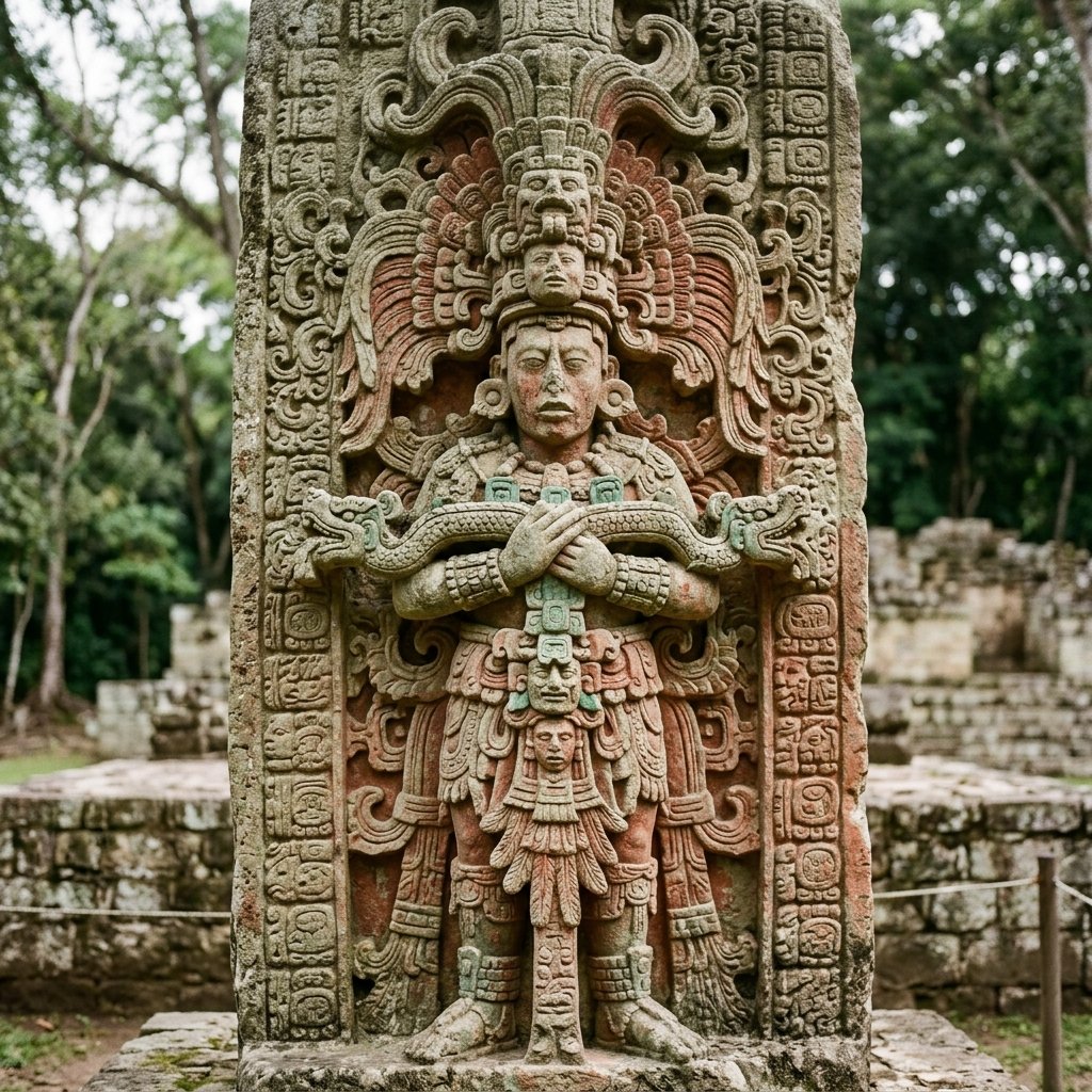 Close-up of a Copán stela — a Maya king carved in deep high relief wearing an enormous quetzal-feather headdress and holding a ceremonial bar