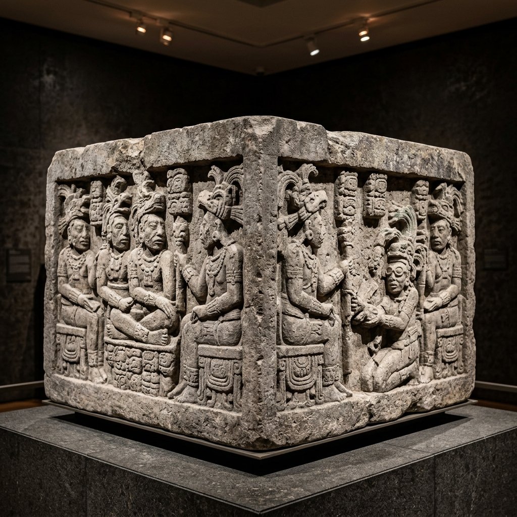 Altar Q from Copán — square stone altar with 16 carved seated Maya rulers around all four sides
