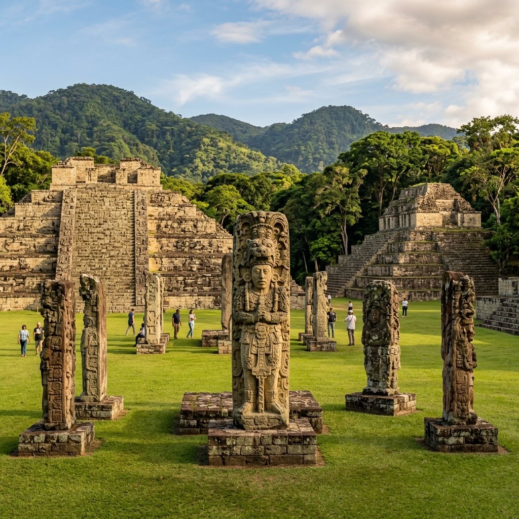 Elaborately carved Maya stelae in the plaza at Copán, Honduras