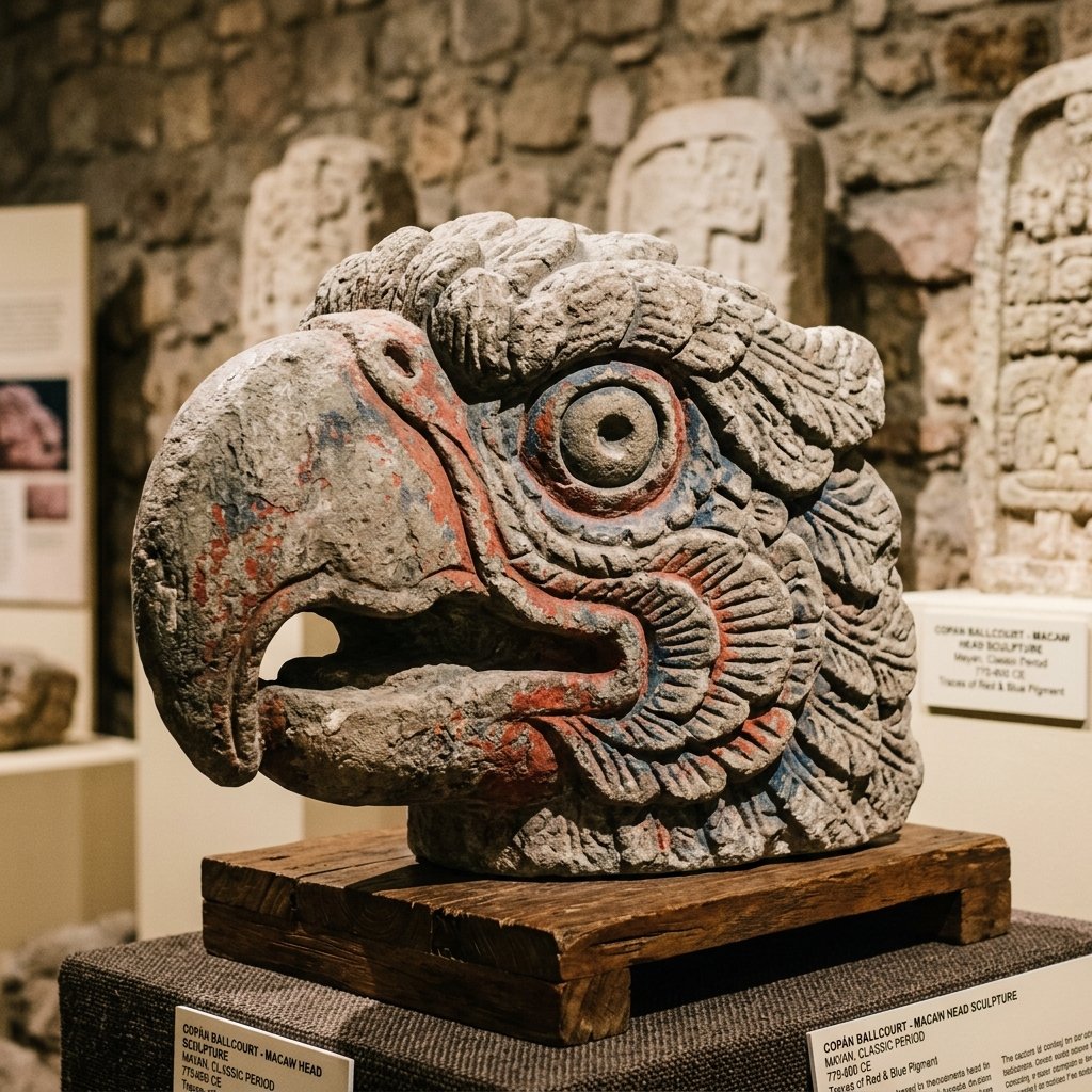Large carved stone macaw head from the Copán ballcourt — a sculptural parrot head with massive curved beak, traces of original paint