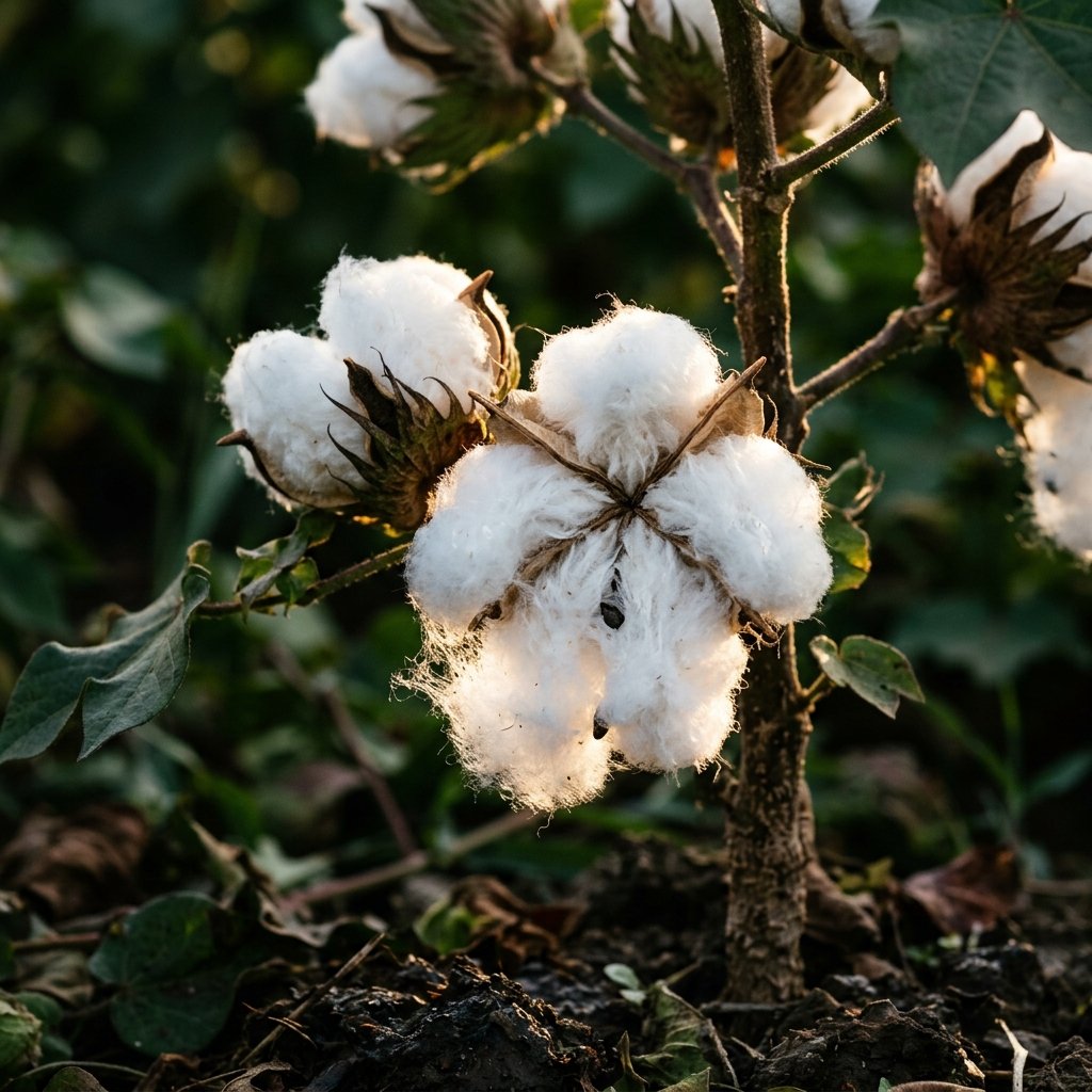 Raw cotton bolls opening in warm golden sunlight — the plant whose hybrid genome proved Old World DNA reached the Americas before Columbus