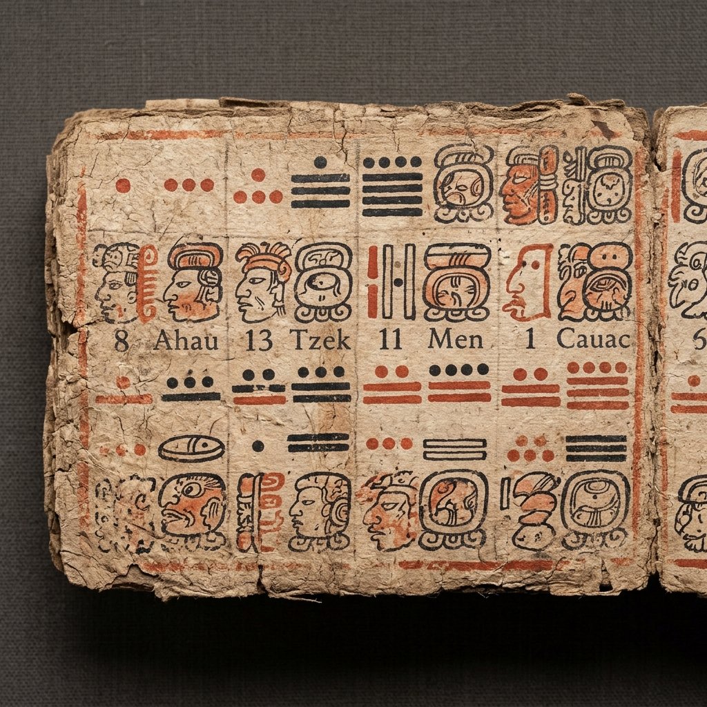Conservation-style archival macro photograph of an ancient Maya codex page showing rows of calendar glyphs and dot-and-bar numerals